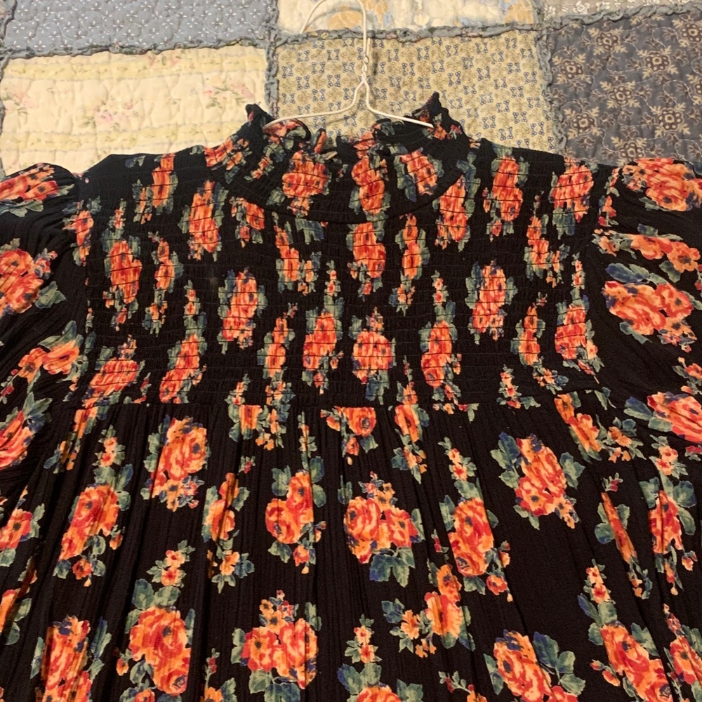 Angie Black Floral Smock Top with Orange and Green Accents